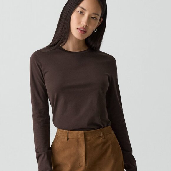 Theory Long-Sleeve Tee in Organic Cotton (Cacao) - Picture 1 of 5